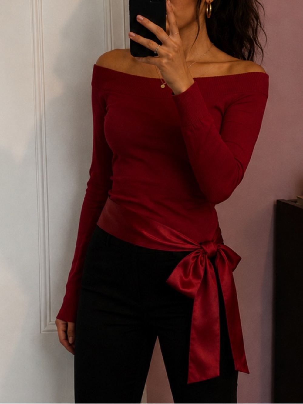 Red Off Shoulder Boat Neck Sweater Top w/ Satin Side Bow Y2K Coquette